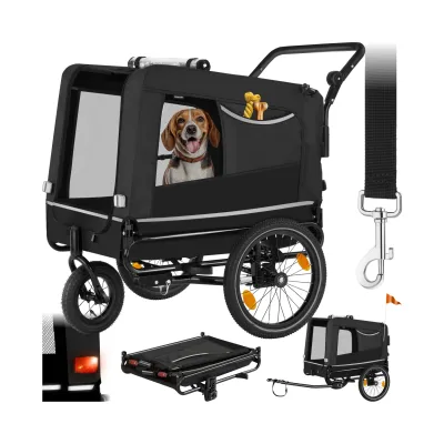 tectake® Hundeanhänger, 3in1 multifunktional, gefedert, Belastbarkeit 40 kg, 240 Liter, inklusive Reflektoren, Leine und Warnfahne