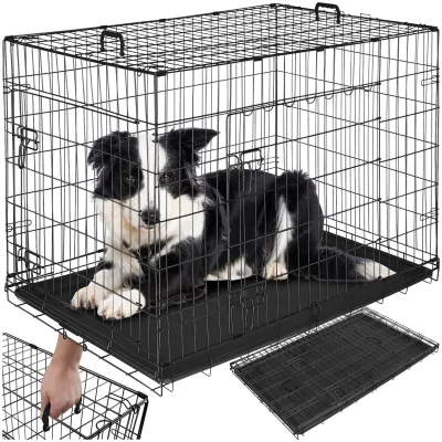 tectake® Hundekäfig-Gitterbox, klappbar, mit 2 Tragegriffen, 2 große Türen mit Doppelverriegelung, herausnehmbarer Boden, abgerundete Ecken