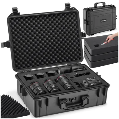 tectake® Kamerakoffer, aus robuster Hartschale mit 4 dicken Schaumstoffeinlagen, wasserdicht und temperaturbeständig, 56 x 42 x 21 cm