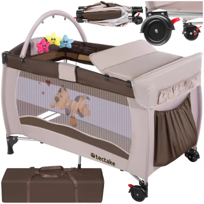 tectake® Kinder Reisebett, klappbar und höhenverstellbar, 2 Rollen mit Bremsen, inklusive Tragetasche, 132 x 75 x 104 cm