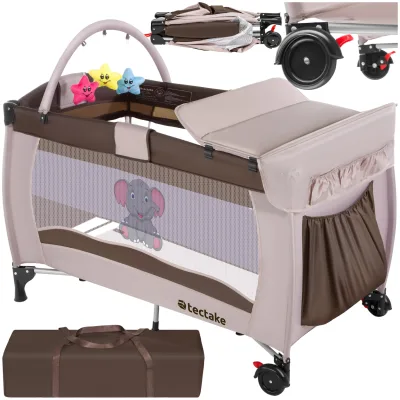 tectake® Kinder Reisebett, klappbar und höhenverstellbar, 2 Rollen mit Bremsen, inklusive Tragetasche, 132 x 75 x 104 cm