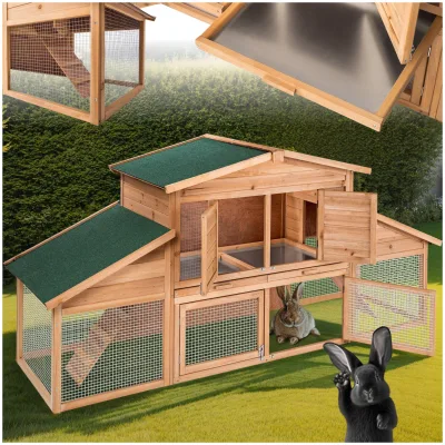 tectake® Kleintierstall, aus Holz, 4 Türen, Ruhezone und Freilaufbereich, inklusive ausziehbarer Schublade, 226 x 77 x 95,5 cm