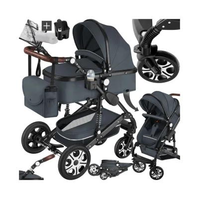 tectake® Kombi-Kinderwagen, 2 in 1, klappbar, mit 5-Punkt-Gurt, Bremse, Schutzbügel und Handschlaufe, pulverbeschichteter Aluminiumrahmen, pflegeleichter Stoffbezug, für 0 bis 36 Monate geeignet, Belastbarkeit 15 kg