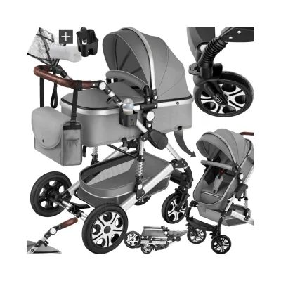 tectake® Kombi-Kinderwagen, 2 in 1, klappbar, mit 5-Punkt-Gurt, Bremse, Schutzbügel und Handschlaufe, pulverbeschichteter Aluminiumrahmen, pflegeleichter Stoffbezug, für 0 bis 36 Monate geeignet, Belastbarkeit 15 kg