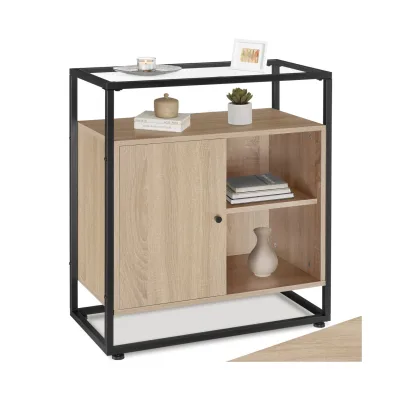 tectake® Kommode, Industrial Style, Glasplatte, offenes Fach, Staufach mit Magnettür und 2 Einlegeböden, 70 x 38 x 80,5 cm