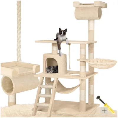 tectake® Kratzbaum, 141 cm, mit Katzenhaus, inklusive Spielkordel und Kippschutz