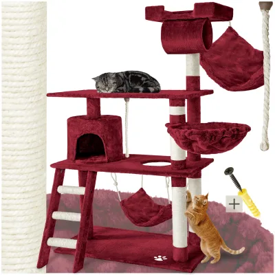 tectake® Kratzbaum, 141 cm, mit Katzenhaus, inklusive Treppe, Spielkordel und Kippschutz