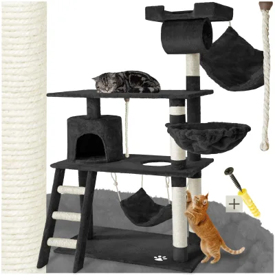 tectake® Kratzbaum, 141 cm, mit Katzenhaus, inklusive Treppe, Spielkordel und Kippschutz