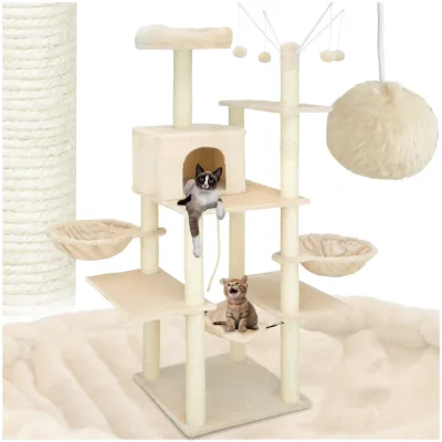 tectake® Kratzbaum, 165 cm, mit Katzenhaus, inklusive 4 Spielbällen, Kordel und Kippschutz
