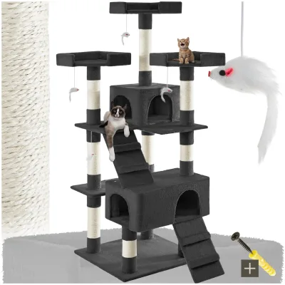 tectake® Kratzbaum, 170 cm, mit 2 Katzenhäusern, inklusive 2 Treppen, 4 Spielmäusen und Kippschutz