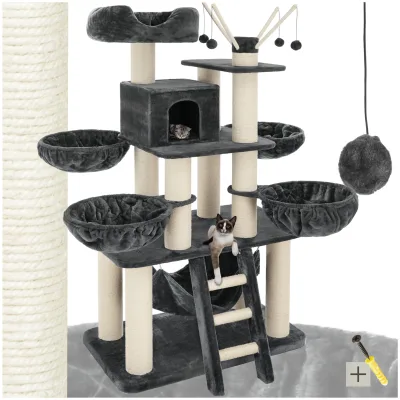 tectake® Kratzbaum, 195 cm, mit Katzenhaus, inklusive Treppe, 4 Spielbällen und Kippschutz