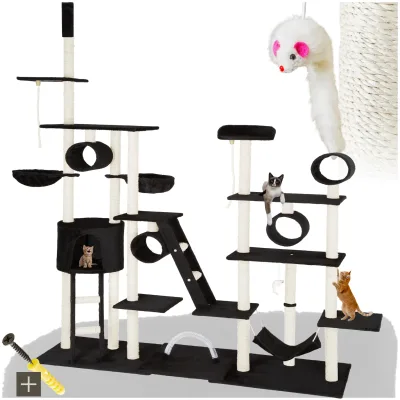 tectake® Kratzbaum, 234 bis 261 cm, mit Katzenhaus, inklusive 2 Treppen, 2 Spielkordeln, Kratzbogen, Deckenspanner und Kippschutz