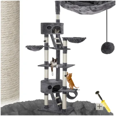 tectake® Kratzbaum, 243 bis 260 cm, mit 2 Katzenhäusern, inklusive 2 Treppen, 2 Spielbällen, Deckenspanner und Kippschutz