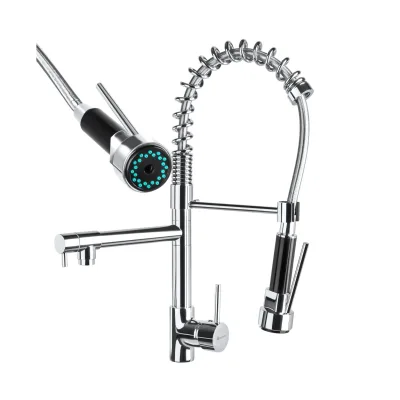 tectake® Küchenarmatur, Hochdruck, 360° drehbar, Wasserhahn, Spiralfeder mit ausziehbarer Brause, inklusive 2 Anschlussschläuche