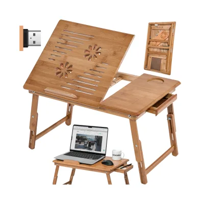 tectake® Laptoptisch, aus Bambus, klappbar und höhenverstellbar, mit USB-Doppellüfter, 55 x 35 x 26 cm