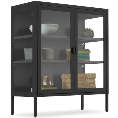 tectake® Metallvitrine, Glastüren mit Magnetverschluss, pulverbeschichteter Stahl, Kippschutz, höhenverstellbare Füße