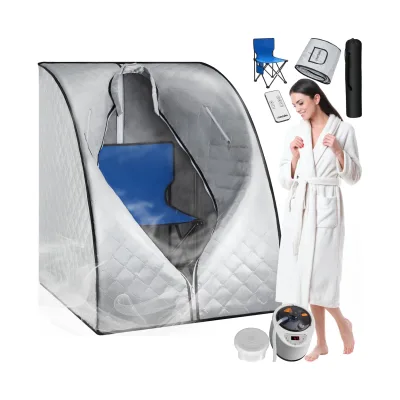 tectake® Mobile Dampfsauna, 2 Liter Dampfgenerator mit 1000 W, Stecksystem, mit Aufbewahrungsfach, inkl. Fernbedienung, Matte, Klappstuhl und Tragetasche