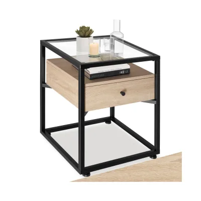 tectake® Nachttisch, Industrial Style, mit Glasplatte und Schublade, 43 x 45 x 54,5 cm