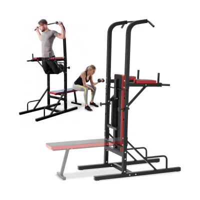 tectake® Power Tower, mit klappbarer Hantelbank und Langhantelablage, gepolstert mit Kunstlederbezug, 180 x 95 x 210 cm