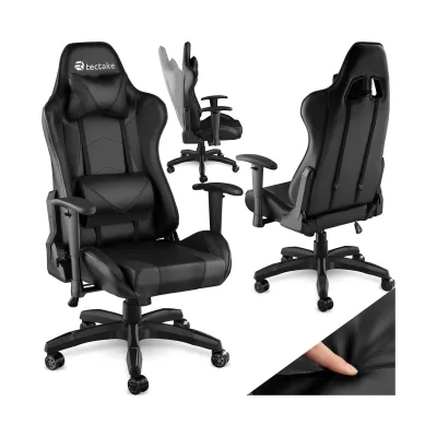tectake® Racing Gaming Stuhl, ergonomische Form, mit verstellbarer Rückenlehne, Kunstlederbezug, abnehmbares Nacken- und Lendenkissen, Belastbarkeit 120 kg