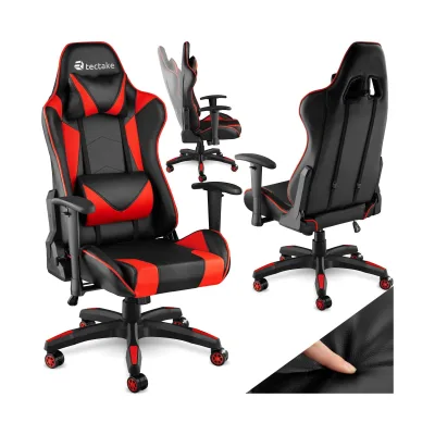 tectake® Racing Gaming Stuhl, ergonomische Form, mit verstellbarer Rückenlehne, Kunstlederbezug, abnehmbares Nacken- und Lendenkissen, Belastbarkeit 120 kg