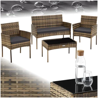 tectake® Rattan Gartenset, für 4 Personen, wetterfestes Rattangeflecht, Sofa 250 kg, je Sessel 120 kg
