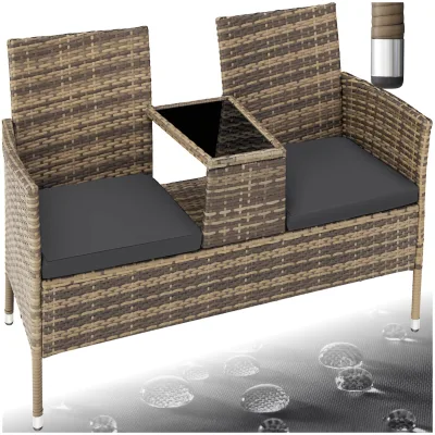 tectake® Rattan Gartensitzbank, 2-Sitzer, 133 x 63 x 84 cm, UV-beständiges Rattangeflecht, 6 cm Sitzpolster