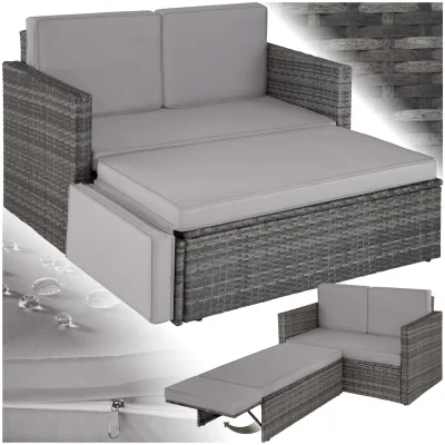 tectake® Rattan Lounge, 2-Sitzer, UV-beständig, Hocker mit klappbarer Stütze