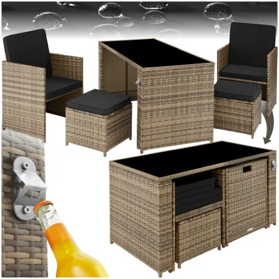 tectake® Rattan Sitzgruppe, für 2 bis 4 Personen, UV-beständig, inklusive Flaschenöffner, zusammenschiebbar