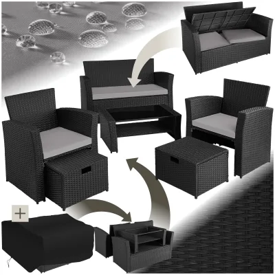 tectake® Rattan Sitzgruppe, für 4 bis 6 Personen, UV-beständig, inklusive Staufach und Schutzhülle