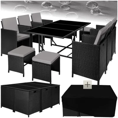 tectake® Rattan Sitzgruppe, für 6 bis 10 Personen, UV-beständig, zusammenschiebbar, inklusive Schutzhülle