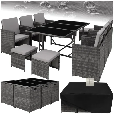 tectake® Rattan Sitzgruppe, für 6 bis 10 Personen, UV-beständig, zusammenschiebbar, inklusive Schutzhülle