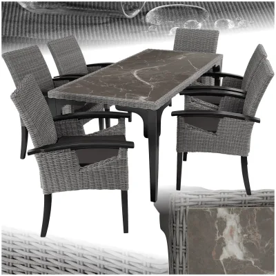 tectake® Rattan Tisch Foggia mit 6 Stühlen Rosarno, mit Holzgestell, wetterfest und UV-beständig, Armlehnen und Beine aus Holz