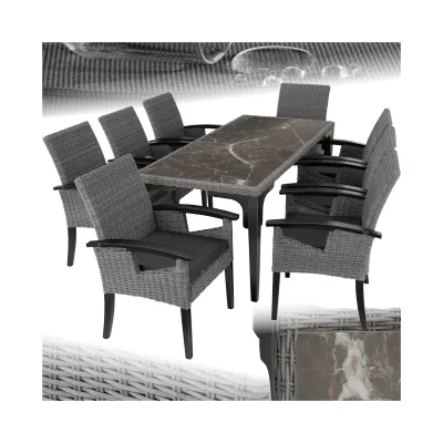 tectake® Rattan Tisch Foggia mit 8 Stühlen Rosarno, mit stabilen Holzgestellen, wetterfest und UV-beständig, Armlehnen und Beine aus Holz