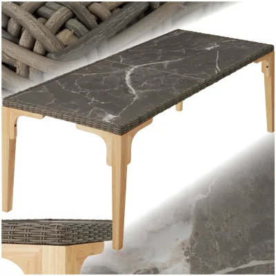 tectake® Rattan Tisch, mit Aluminium- und Holzgestell, wetterfest und UV-beständig, 196 x 87 x 76 cm