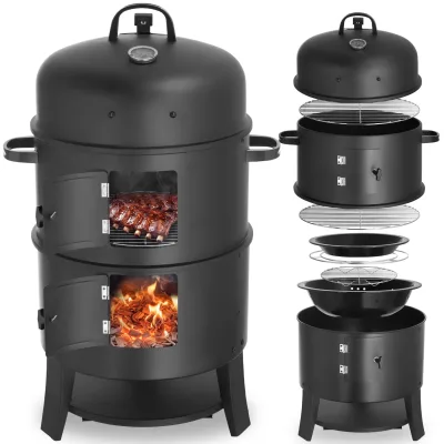 tectake® Räuchertonne, 3 in 1, zum Grillen, Räuchern, Garen, Kohlerost und Ascheschale, Ø 41 cm