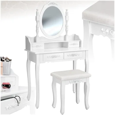 tectake® Schminktisch, im Antik-Look, mit gepolstertem Hocker, 4 Schubladen, 75 x 40 x 143 cm