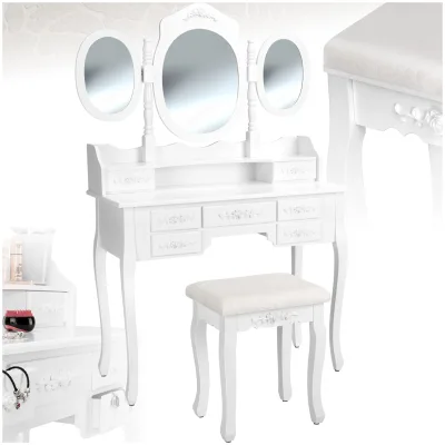 tectake® Schminktisch, im Antik-Look, mit gepolstertem Hocker, 7 Schubladen, 90 x 40 x 145 cm