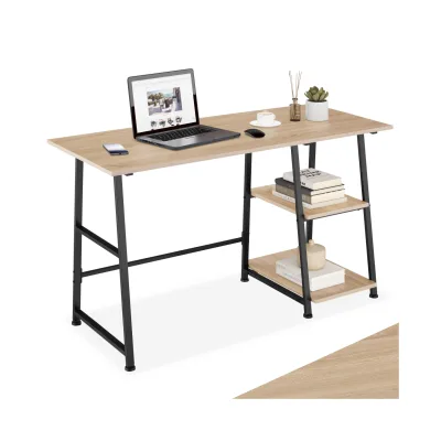 tectake® Schreibtisch, Industrial Style, trapezförmiges Gestell, Seitenregal mit 2 Ablagefächern, 120 x 50 x 73,5 cm