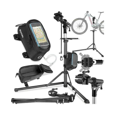 tectake® Set Fahrradmontageständer Jan und Rahmentasche, Montageständer mit 50 kg Belastbarkeit, klappbar mit Schnellverschlüssen, stufenlos höhenverstellbar und 360° drehbar, wasserabweisende Rahmentasche mit Klettverschluss sowie Handyfach mit