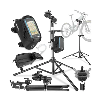 tectake® Set Fahrradmontageständer Jan und Rahmentasche, Montageständer mit 50 kg Belastbarkeit, klappbar mit Schnellverschlüssen, stufenlos höhenverstellbar und 360° drehbar, wasserabweisende Rahmentasche mit Klettverschluss sowie Handyfach mit