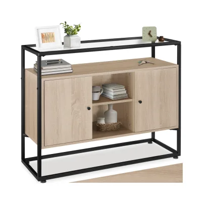tectake® Sideboard, Industrial Style, Glasplatte, offenes Fach, 2 Staufächer mit Magnettüren und 3 Einlegeböden, 100 x 38 x 80,5 cm