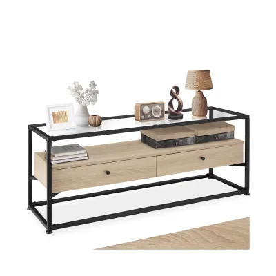 tectake® Sideboard, Industrial Style, Platte aus Sicherheitsglas, 2 große Schubladen, 121,5 x 41,5 x 50,5 cm