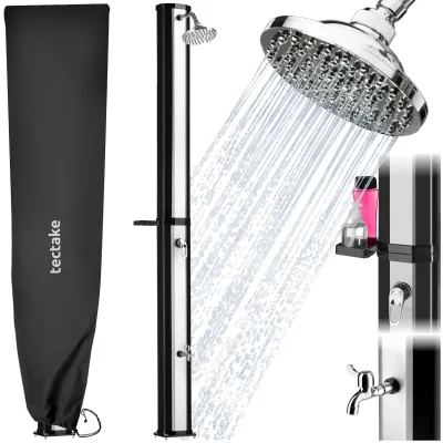 tectake® Solardusche, 35 Liter, mit Seifenablage, Regenduschkopf mit Kugelgelenk, extra Wasserhahn, inklusive Schutzhülle