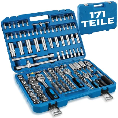 tectake® Steckschlüsselsatz, 171-teilig, 1/4, 3/8 und 1/2 Zoll, mit Kodierung und Kugelfangrille, übersichtliche Anordnung im Kunststoffkoffer