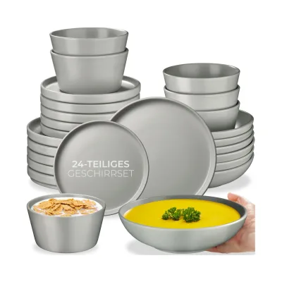 tectake® Tafelservice, für 6 Personen, aus Steingut, mit Glasur, ineinander stapelbar