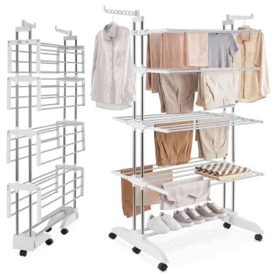 tectake® Turmwäscheständer, klappbar, 2 schwenkbare Seitenflügel, 6 drehbare Doppelrollen, 2 mit Feststellbremsen
