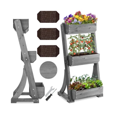 tectake® Hochbeet, 3 Etagen, wetterfest und standsicher, inklusive Pflanzvlies, 60 x 49 x 140 cm