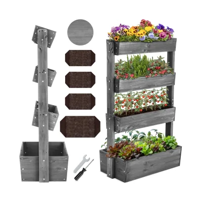 tectake® Hochbeet, 4 Etagen, die oberen 3 mit Schrägstellfunktion, wetterfest und standsicher, inklusive Pflanzvlies, 85 x 45 x 140 cm