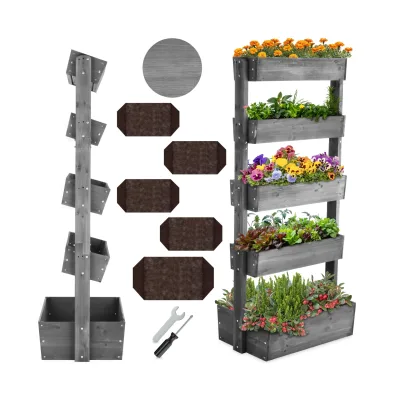 tectake® Hochbeet, 5 Etagen, die oberen 4 mit Schrägstellfunktion, wetterfest und standsicher, inklusive Pflanzvlies, 81 x 52 x 180 cm